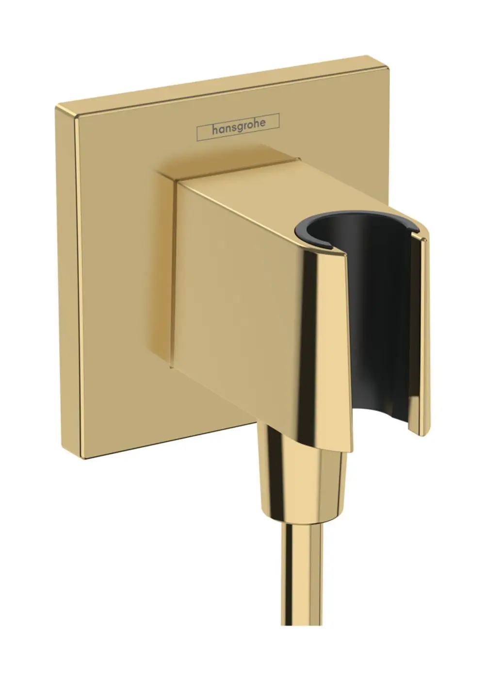 Wandanschluss mit Brausehalter in glänzender goldener Optik von Hansgrohe, designed für die Montage in Badezimmern.
